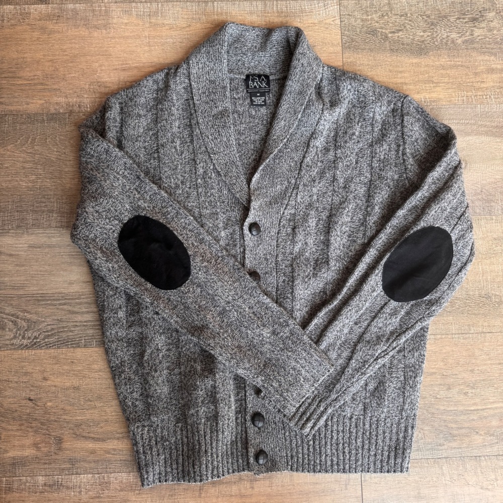 Jos A Bank Mens Medium Lambswool Shawl Collar Cardigan Gray Elbow Patch Sweater